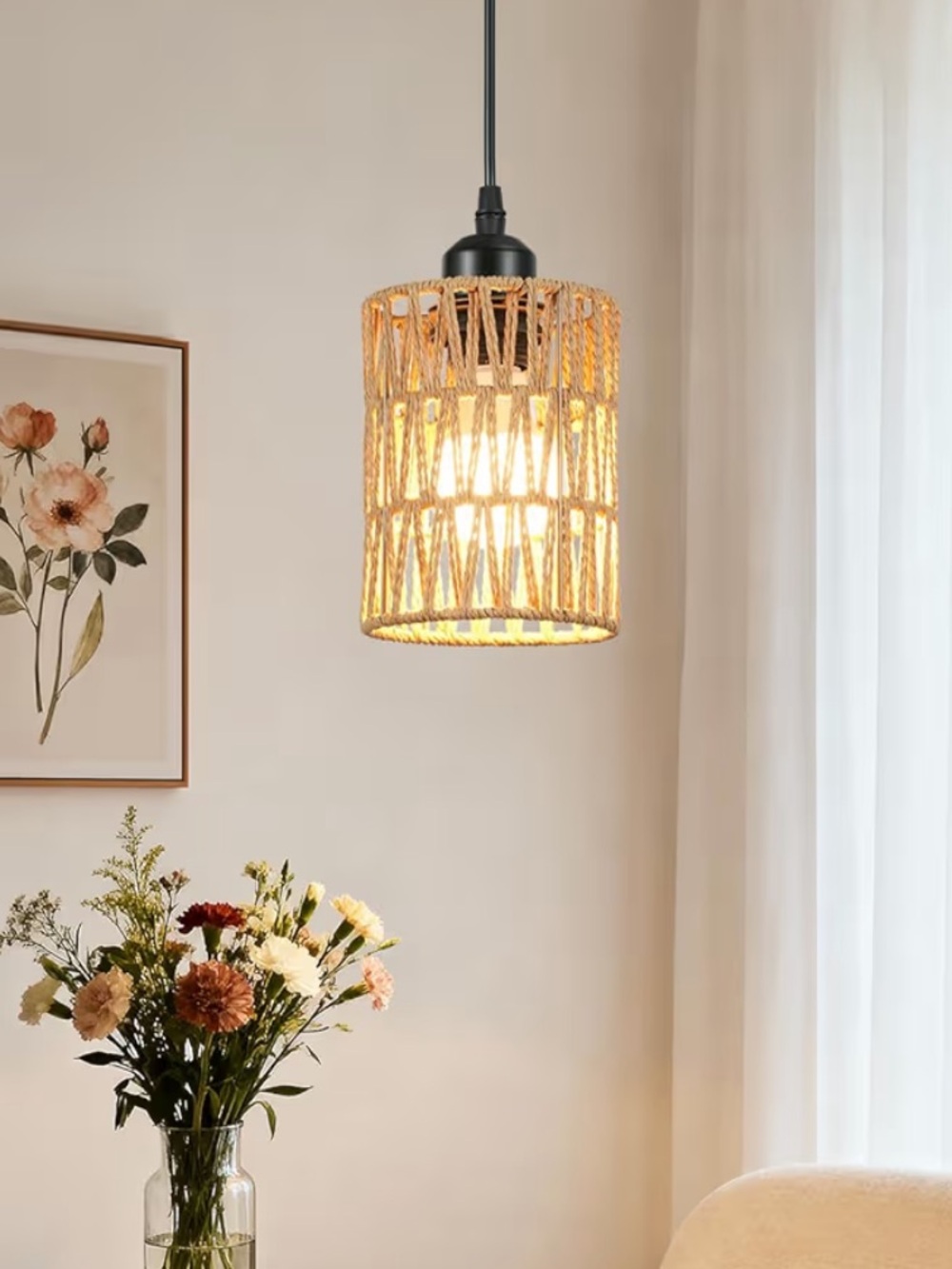 NEW! Hand Woven Rattan Pendant Light 4.7" Mini Wicker Adjustable Boho Natural